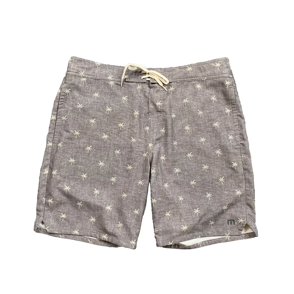 Travis Mathew Board Shorts Mens 36 Gray Palm Tree Drawstring Tie Beach Surf Swim